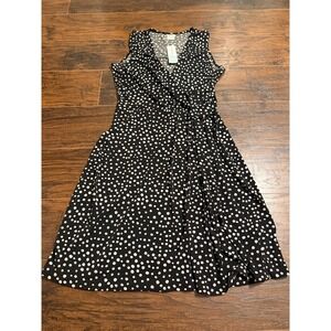 Kaileigh Polka Dot Dress Women M Black White Faux Wrap Tie Waist Casual Midi NWT